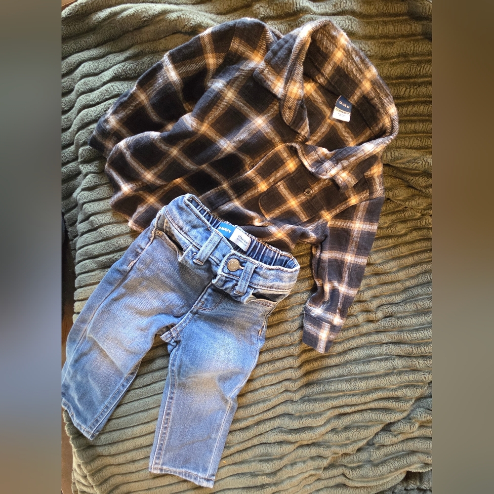 Plaid Shirt and Denim Jeans Set